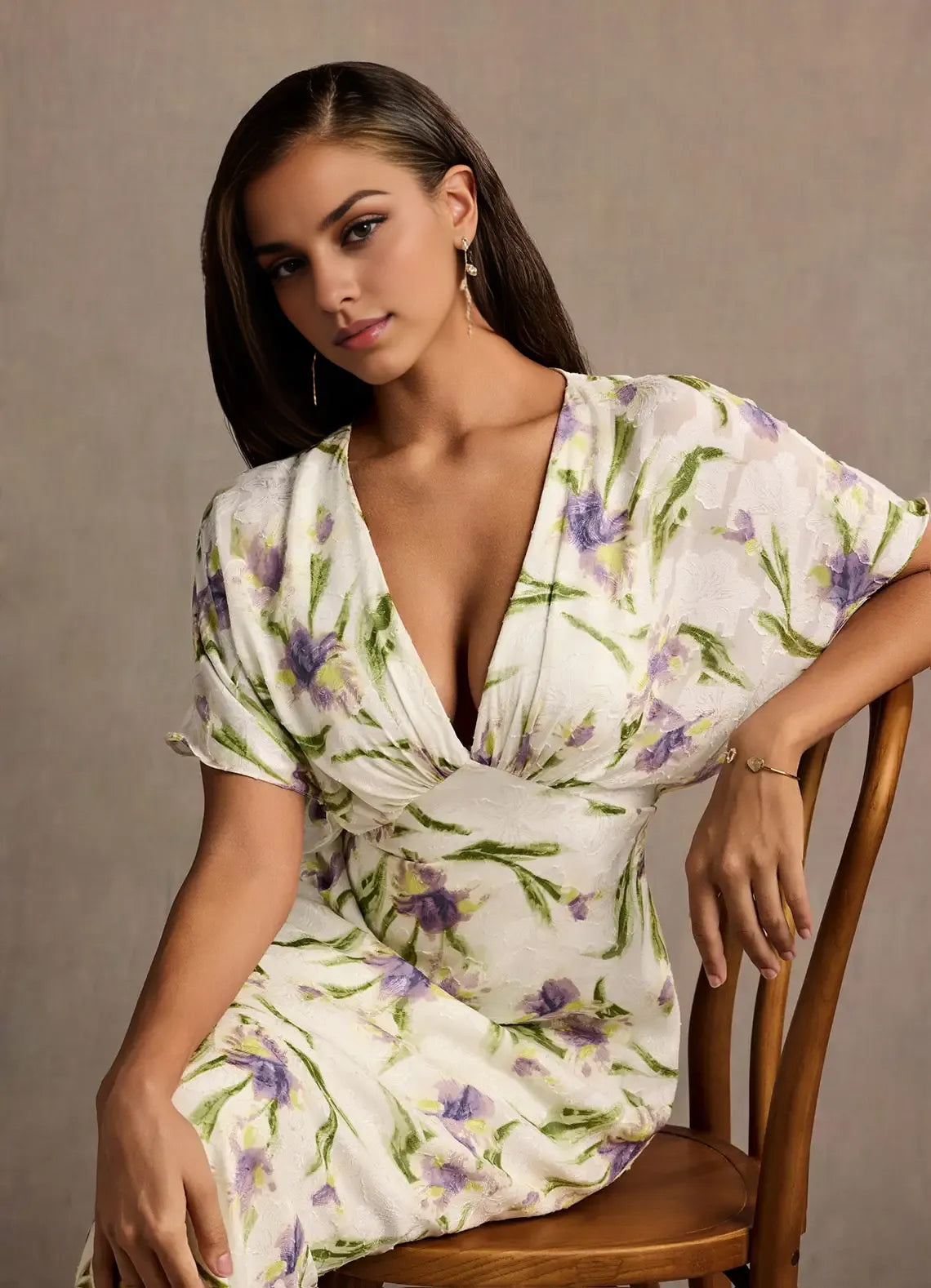 Dress Deep V Neck Cap Sleeve Romantic Flower Printed Evening Dress Floor Length Full Coverage Prom Dress