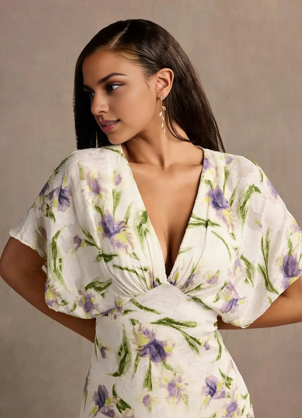 Dress Deep V Neck Cap Sleeve Romantic Flower Printed Evening Dress Floor Length Full Coverage Prom Dress