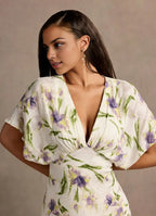 Dress Deep V Neck Cap Sleeve Romantic Flower Printed Evening Dress Floor Length Full Coverage Prom Dress