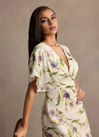 Dress Deep V Neck Cap Sleeve Romantic Flower Printed Evening Dress Floor Length Full Coverage Prom Dress
