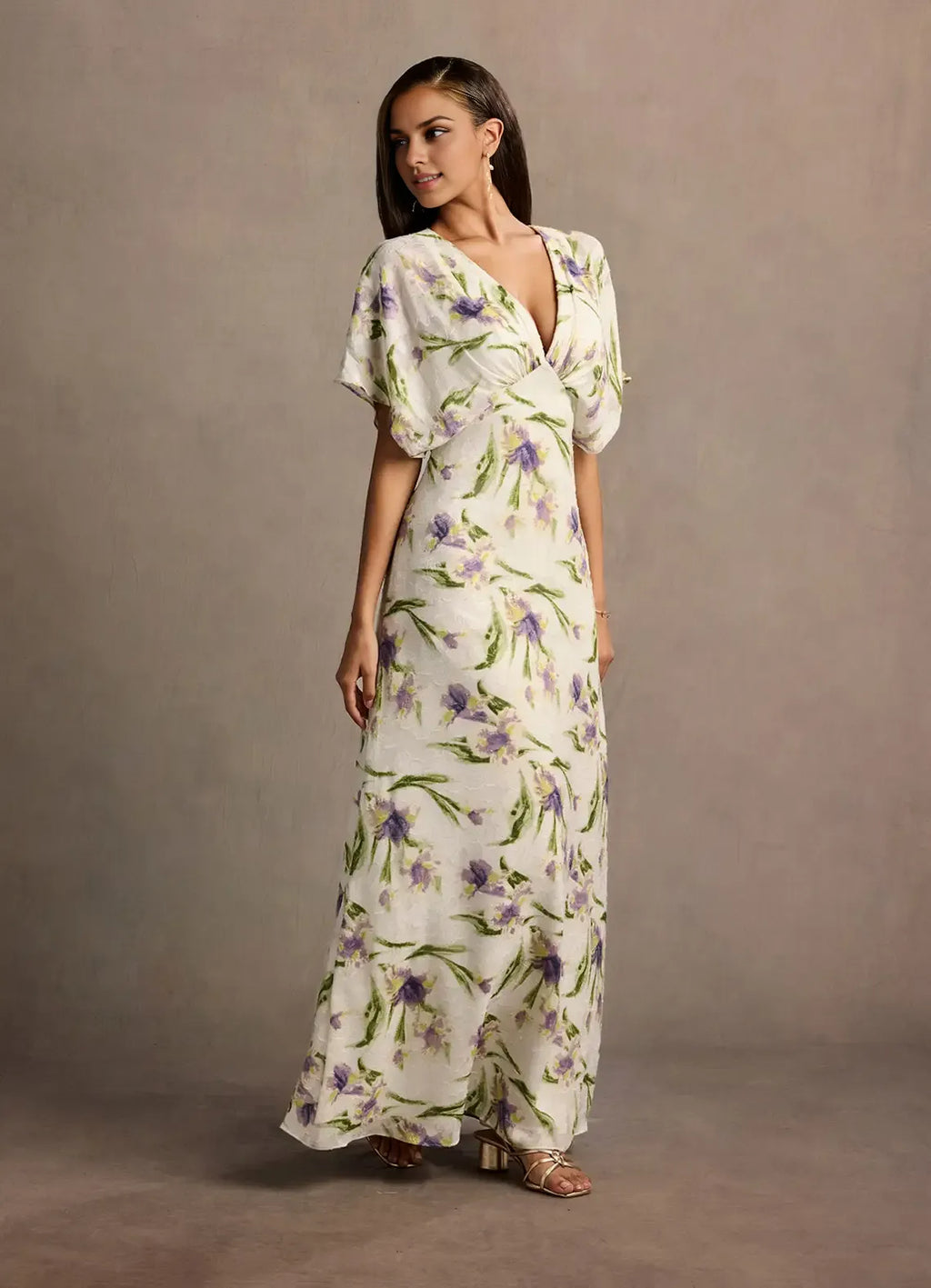 Dress Deep V Neck Cap Sleeve Romantic Flower Printed Evening Dress Floor Length Full Coverage Prom Dress