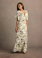 Dress Deep V Neck Cap Sleeve Romantic Flower Printed Evening Dress Floor Length Full Coverage Prom Dress