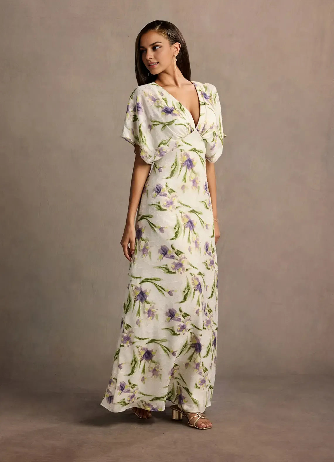 Dress Deep V Neck Cap Sleeve Romantic Flower Printed Evening Dress Floor Length Full Coverage Prom Dress