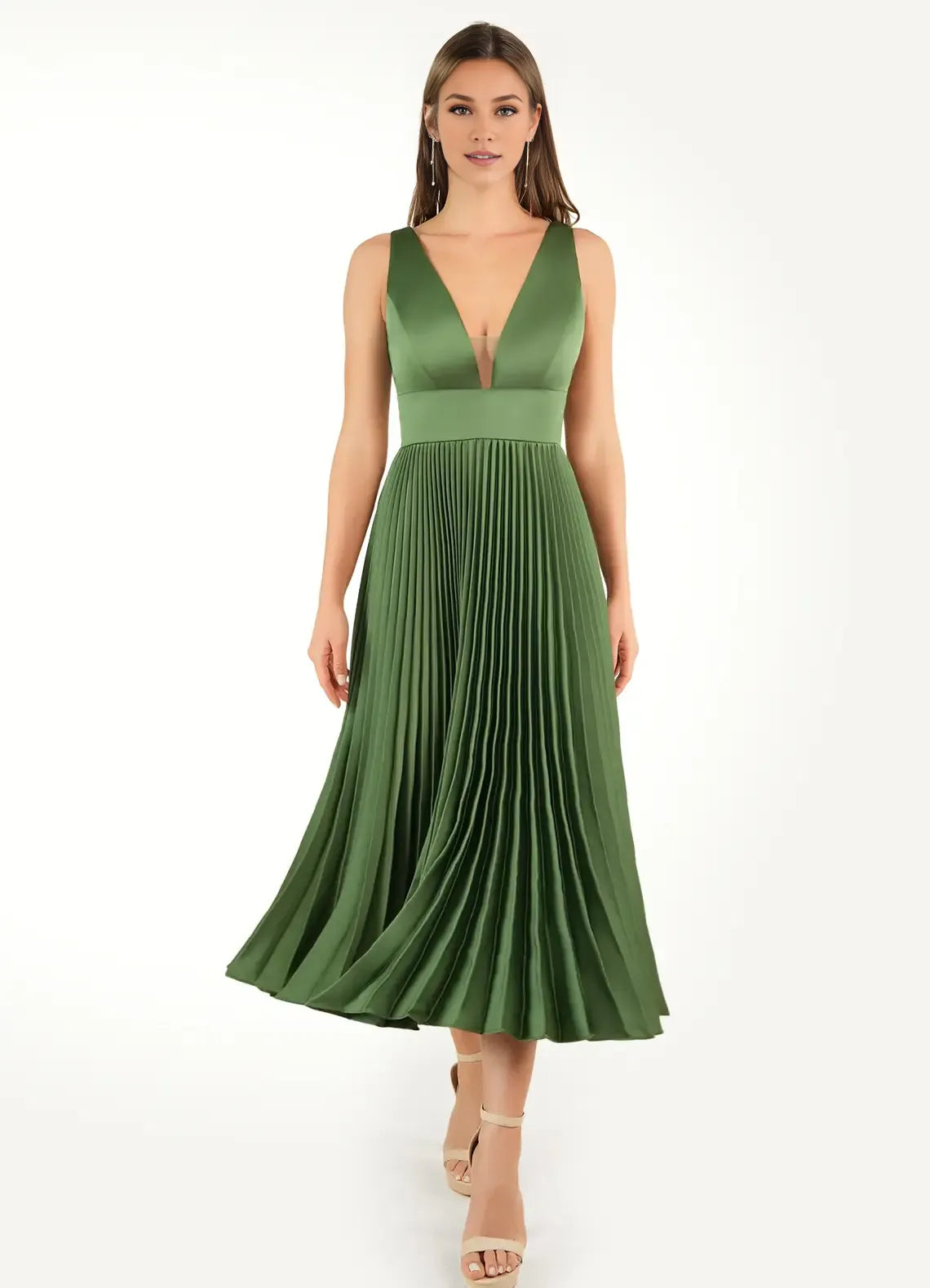 Dress Deep V Neck Olive Chic Maxi Dress Sleeveless Princess Tea-Length Pleated A-line Prom Dress