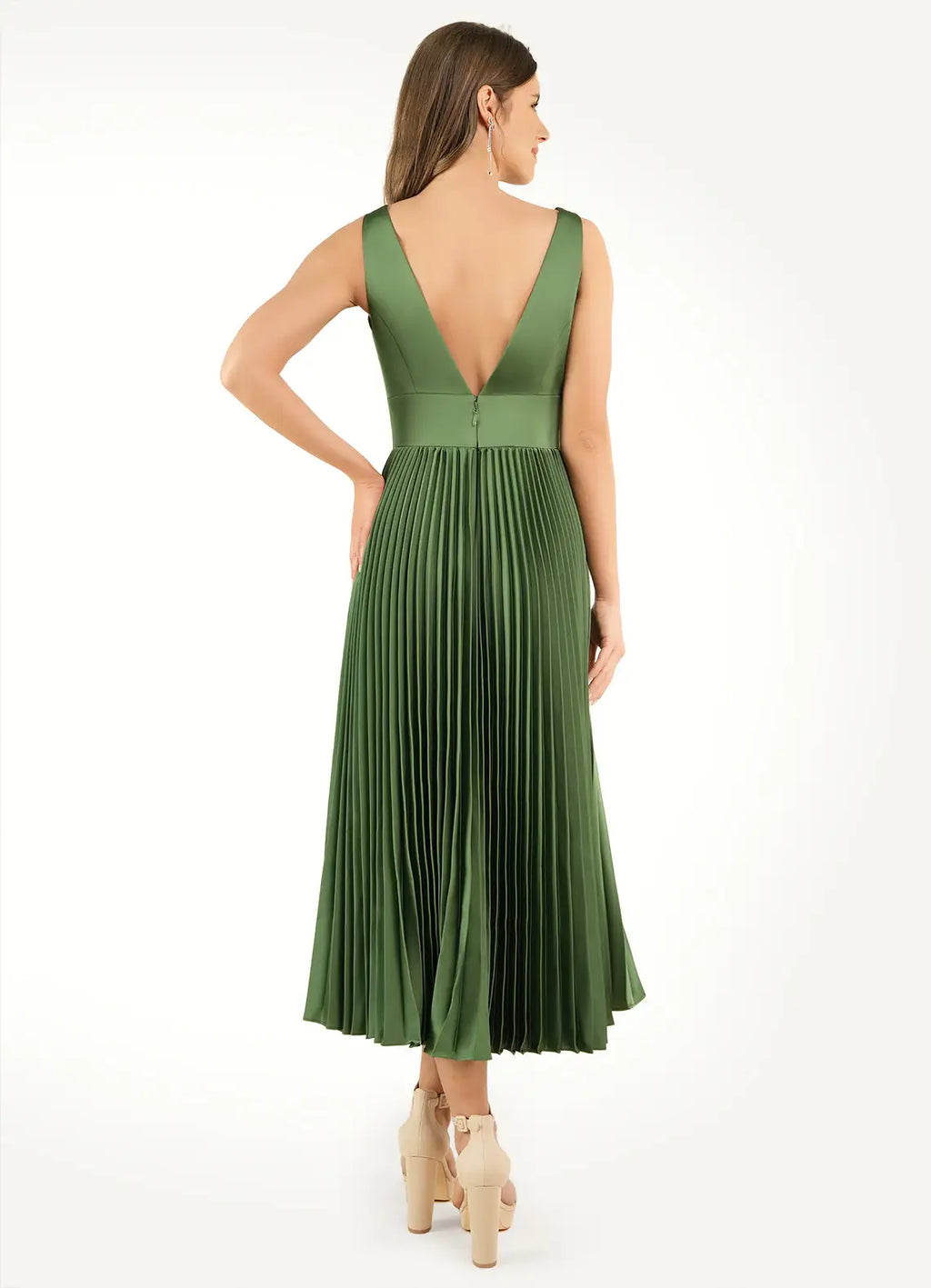 Dress Deep V Neck Olive Chic Maxi Dress Sleeveless Princess Tea-Length Pleated A-line Prom Dress