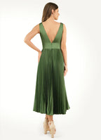 Dress Deep V Neck Olive Chic Maxi Dress Sleeveless Princess Tea-Length Pleated A-line Prom Dress
