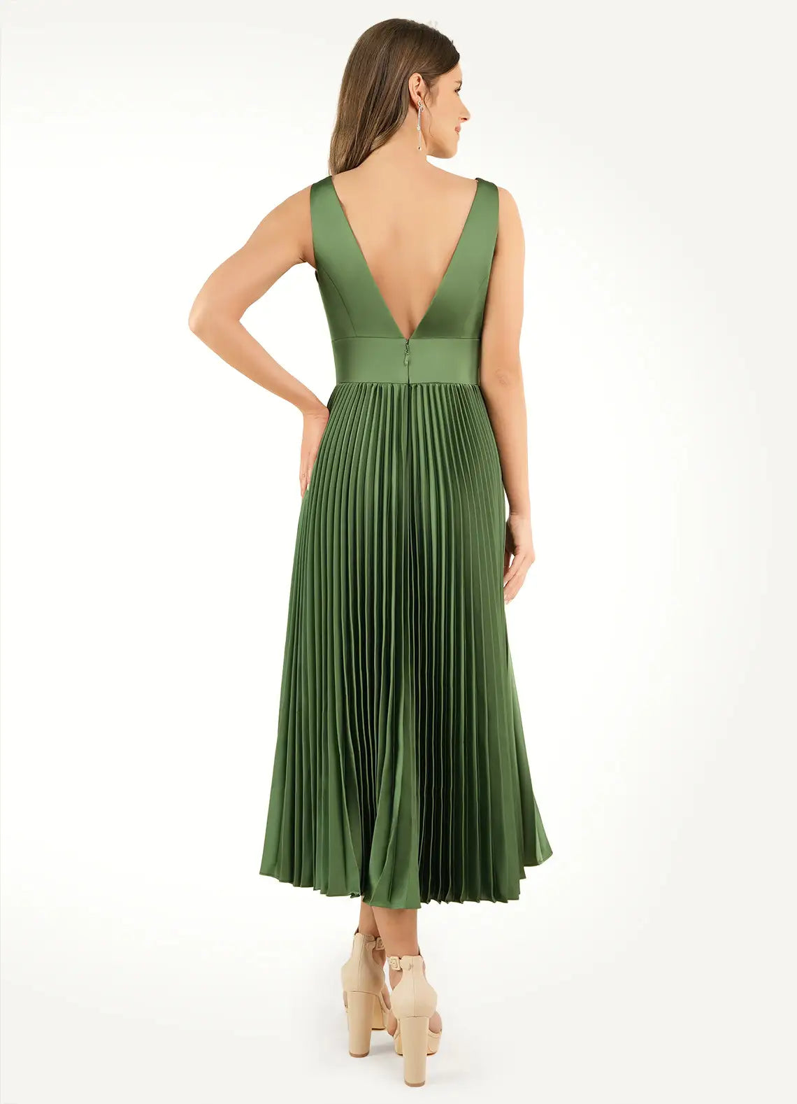 Dress Deep V Neck Olive Chic Maxi Dress Sleeveless Princess Tea-Length Pleated A-line Prom Dress