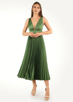 Dress Deep V Neck Olive Chic Maxi Dress Sleeveless Princess Tea-Length Pleated A-line Prom Dress