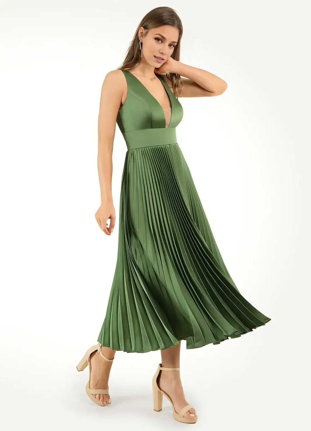 Dress Deep V Neck Olive Chic Maxi Dress Sleeveless Princess Tea-Length Pleated A-line Prom Dress