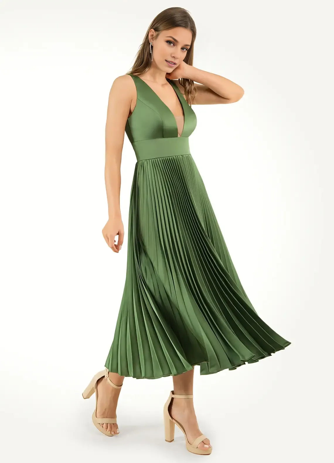 Dress Deep V Neck Olive Chic Maxi Dress Sleeveless Princess Tea-Length Pleated A-line Prom Dress