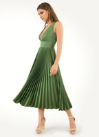 Dress Deep V Neck Olive Chic Maxi Dress Sleeveless Princess Tea-Length Pleated A-line Prom Dress