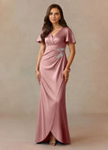 Dress Dusty Rose A-Line Pleated Dress V-Neck Flutter Sleeve Beaded Floor-Length Mother of the Bride Dress