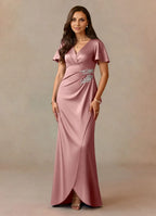 Dress Dusty Rose A-Line Pleated Dress V-Neck Flutter Sleeve Beaded Floor-Length Mother of the Bride Dress