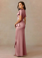 Dress Dusty Rose A-Line Pleated Dress V-Neck Flutter Sleeve Beaded Floor-Length Mother of the Bride Dress