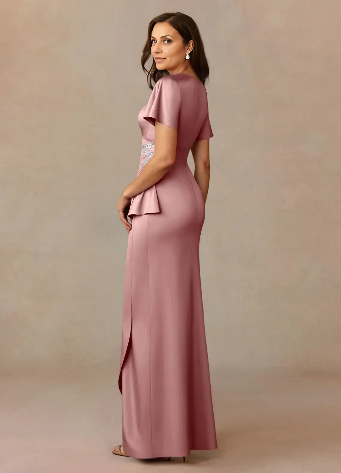 Dress Dusty Rose A-Line Pleated Dress V-Neck Flutter Sleeve Beaded Floor-Length Mother of the Bride Dress