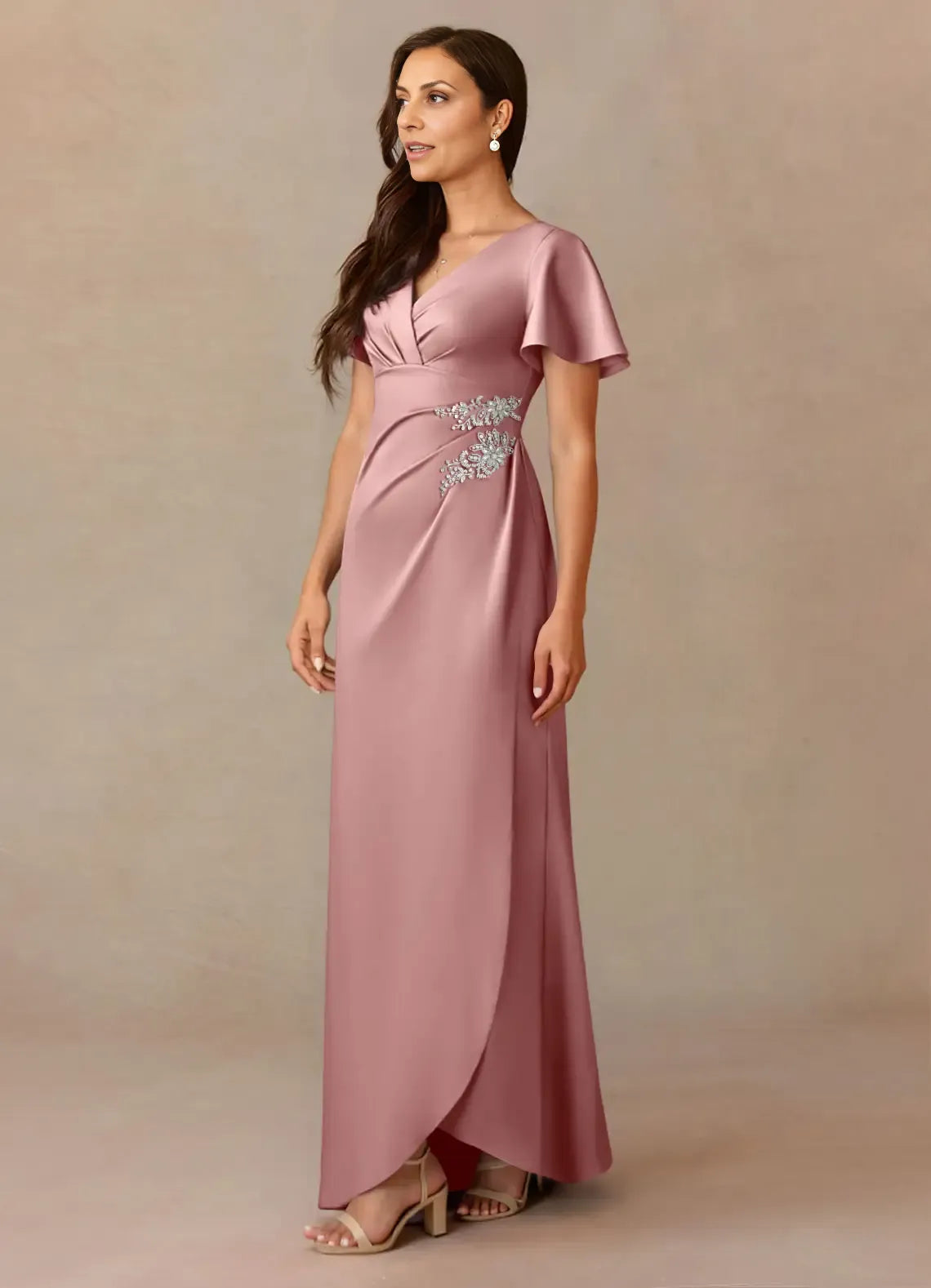 Dress Dusty Rose A-Line Pleated Dress V-Neck Flutter Sleeve Beaded Floor-Length Mother of the Bride Dress