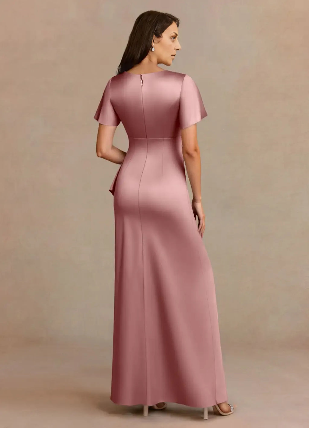 Dress Dusty Rose A-Line Pleated Dress V-Neck Flutter Sleeve Beaded Floor-Length Mother of the Bride Dress