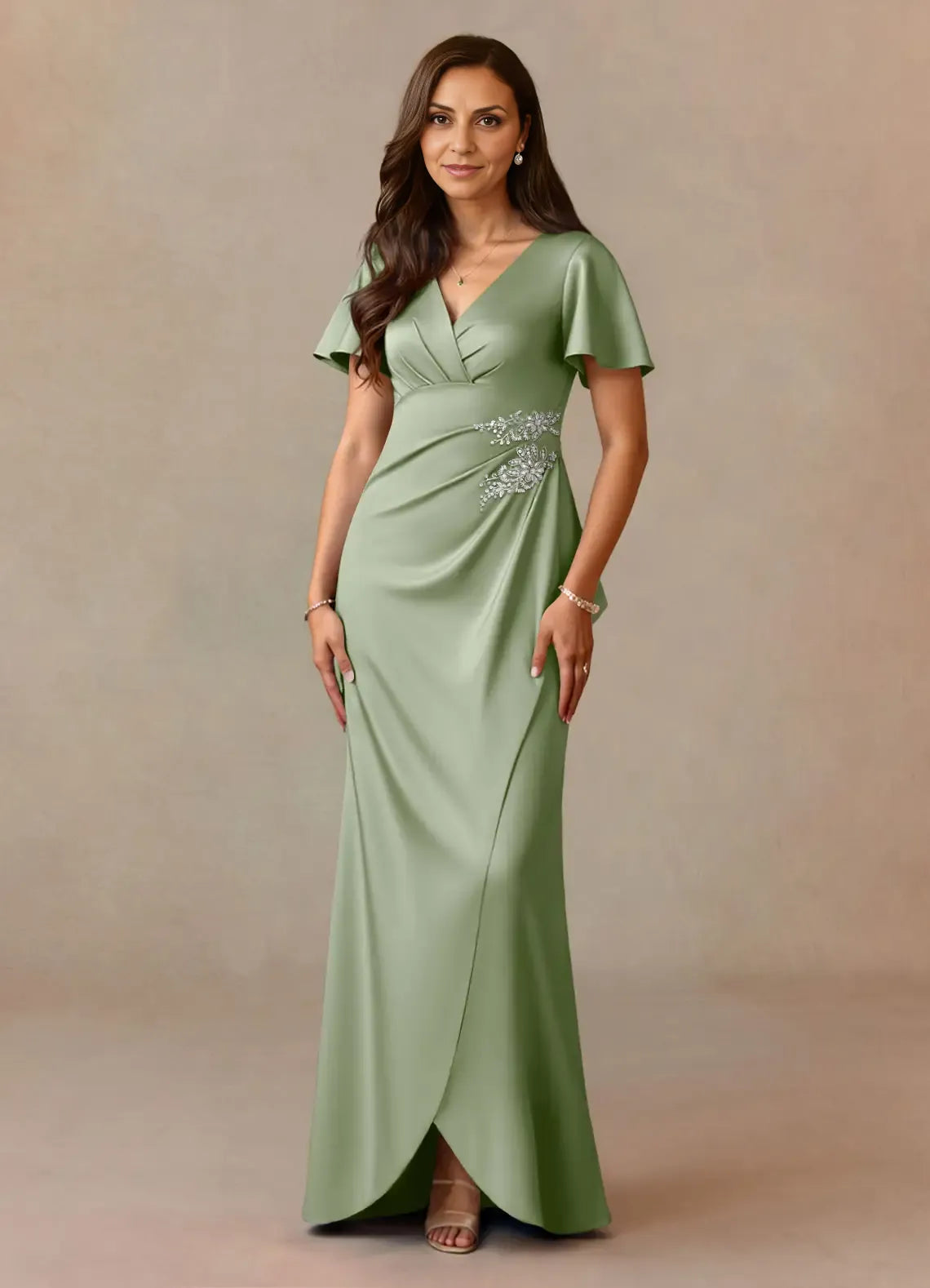 Dress Dusty Rose A-Line Pleated Dress V-Neck Flutter Sleeve Beaded Floor-Length Mother of the Bride Dress