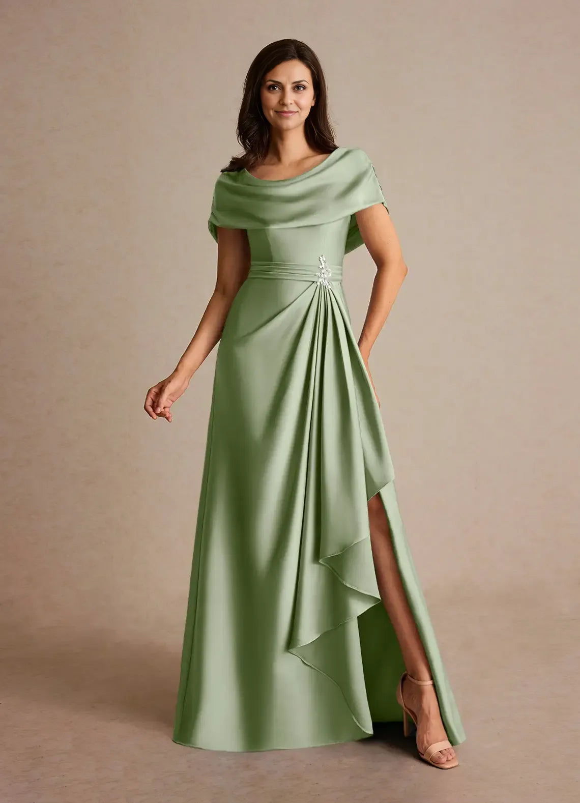 Dress Dusty Sage A-Line Pleated Maxi Dress Fashion Cap Sleeves Cowl Back Mother of the Bride Dress