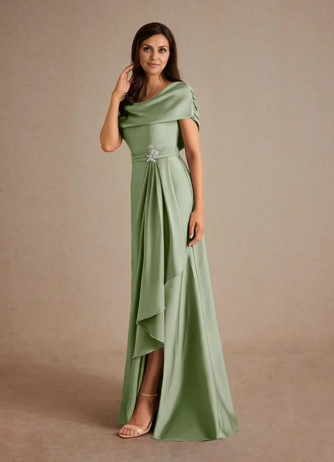 Dress Dusty Sage A-Line Pleated Maxi Dress Fashion Cap Sleeves Cowl Back Mother of the Bride Dress
