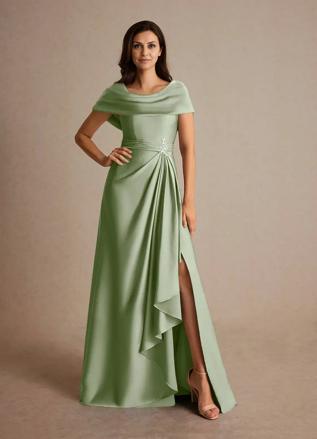 Dress Dusty Sage A-Line Pleated Maxi Dress Fashion Cap Sleeves Cowl Back Mother of the Bride Dress