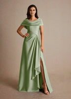 Dress Dusty Sage A-Line Pleated Maxi Dress Fashion Cap Sleeves Cowl Back Mother of the Bride Dress
