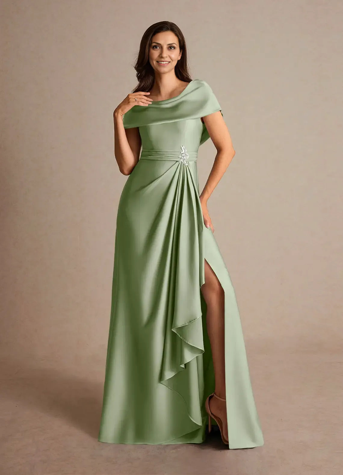 Dress Dusty Sage A-Line Pleated Maxi Dress Fashion Cap Sleeves Cowl Back Mother of the Bride Dress