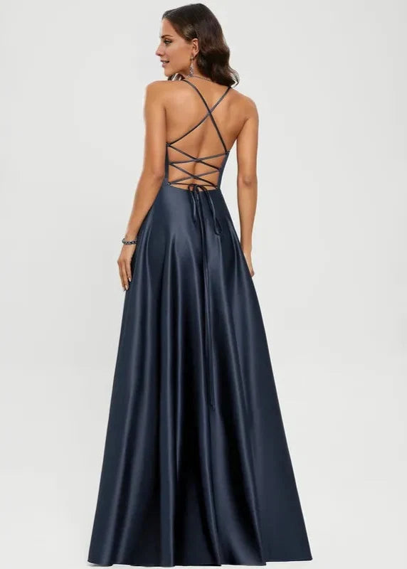 Dress Elegant A-line V-Neck Floor-Length Prom Dresses Backless Sleeveless Solid Color Maxi Dress