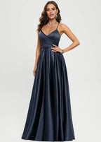 Dress Elegant A-line V-Neck Floor-Length Prom Dresses Backless Sleeveless Solid Color Maxi Dress