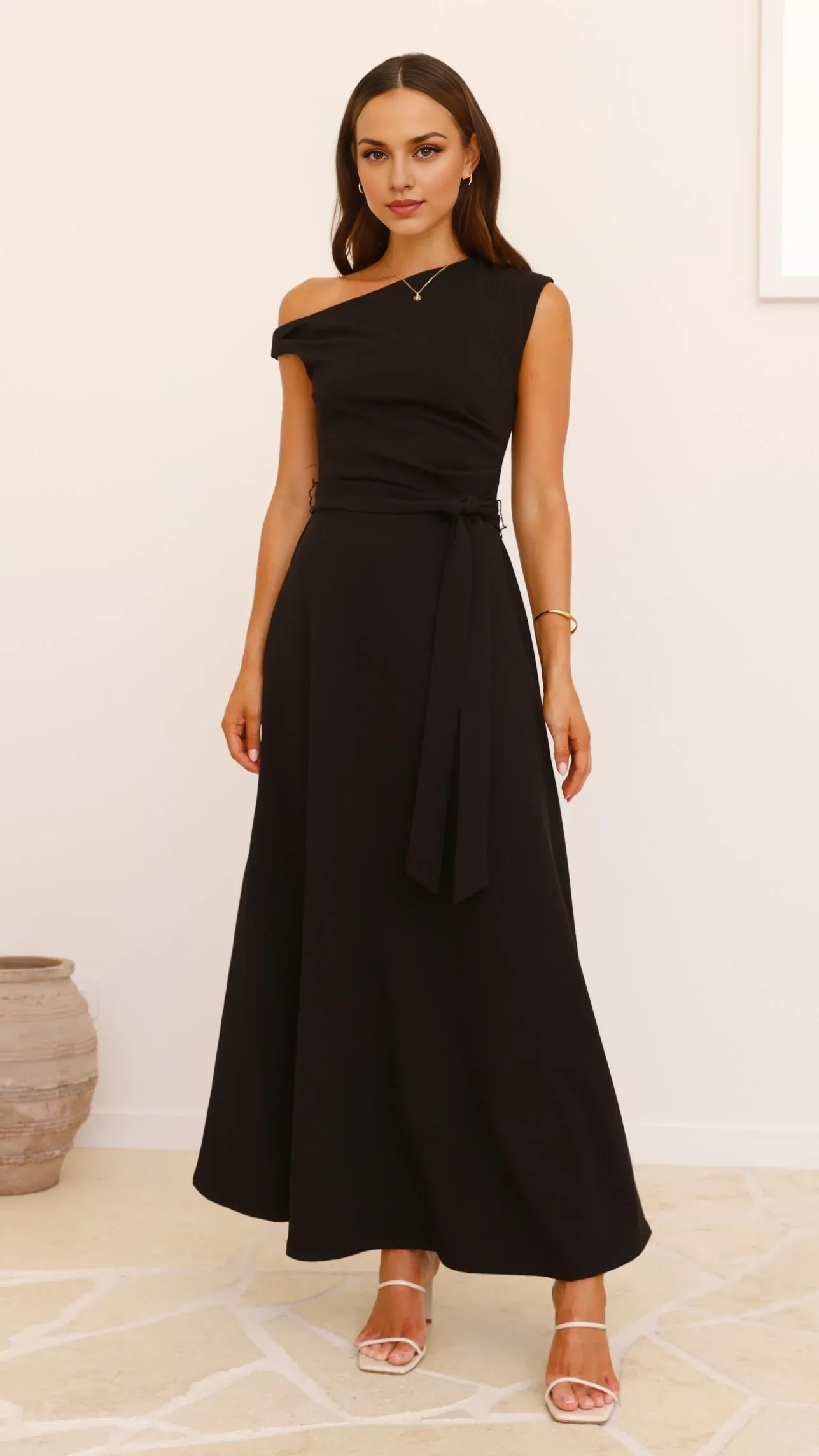 Dress Elegant Asymmetrical Neck Maxi Dress Emerald A-Line Sleeveless Solid Color Belt/Sash Prom Dress