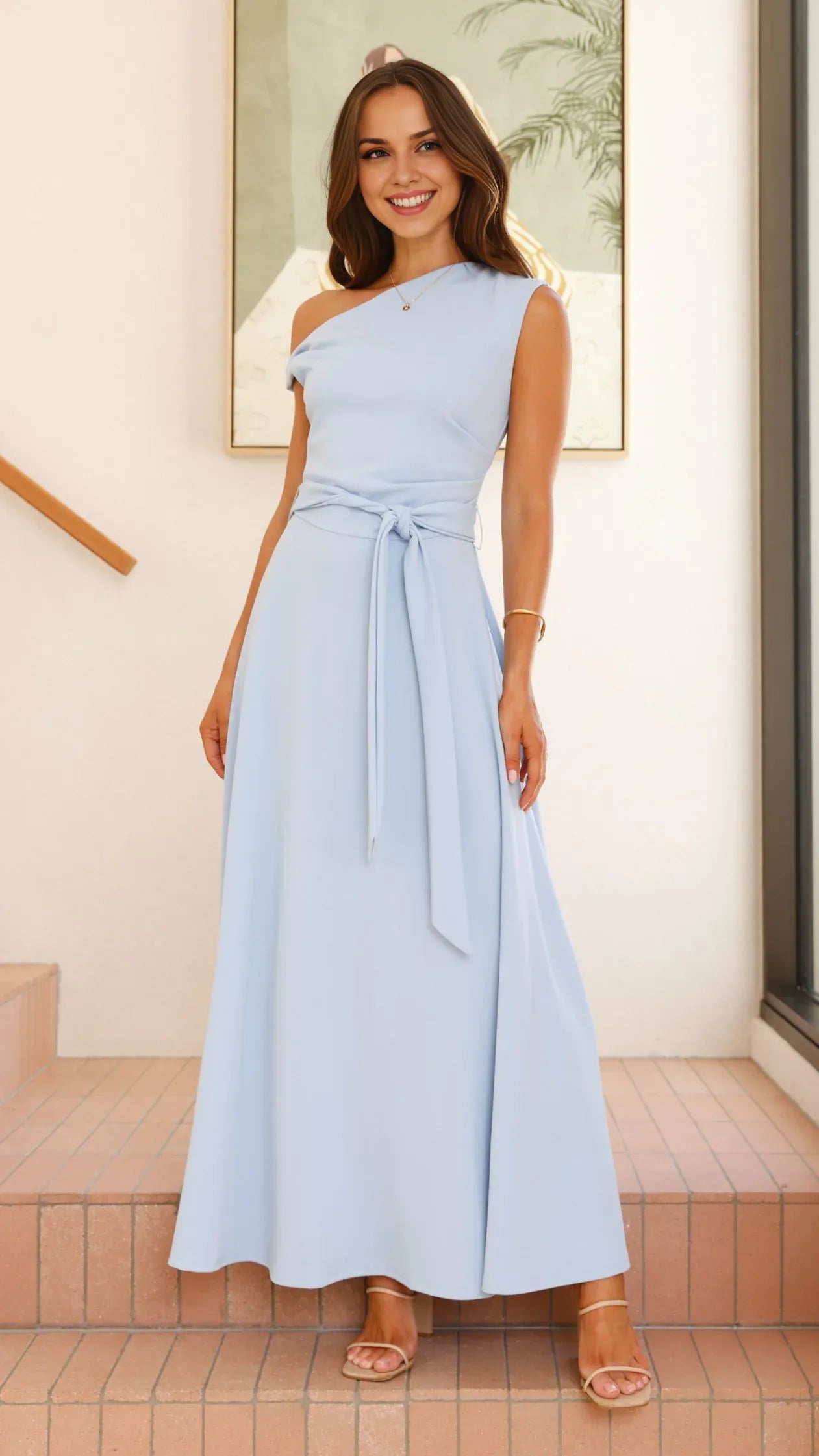 Dress Elegant Asymmetrical Neck Maxi Dress Emerald A-Line Sleeveless Solid Color Belt/Sash Prom Dress