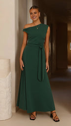 Dress Elegant Asymmetrical Neck Maxi Dress Emerald A-Line Sleeveless Solid Color Belt/Sash Prom Dress