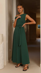 Dress Elegant Asymmetrical Neck Maxi Dress Emerald A-Line Sleeveless Solid Color Belt/Sash Prom Dress