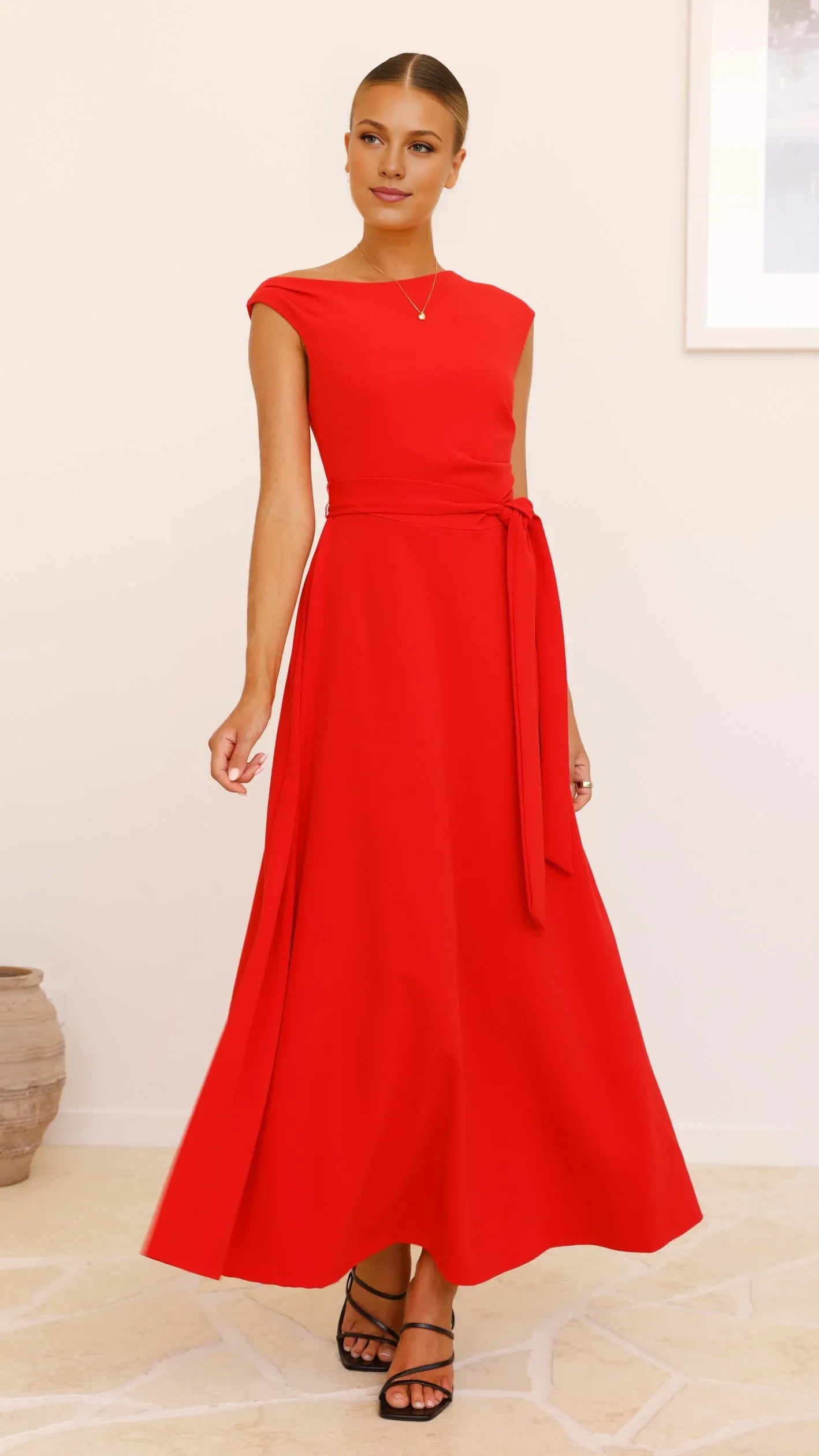 Dress Elegant Asymmetrical Neck Maxi Dress Emerald A-Line Sleeveless Solid Color Belt/Sash Prom Dress