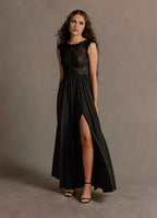 Black Dress Elegant Boat Neck Appliques Maxi Dress Sleeveless Slit A-Line V Back Prom Dress