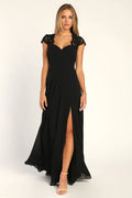 Black Dress Elegant Backless Maxi Dress Evening Dress A-line Cap Sleeve Sweetheart Neck Slit Prom Dress