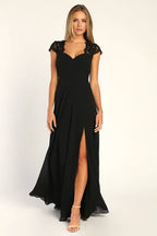 Black Dress Elegant Backless Maxi Dress Evening Dress A-line Cap Sleeve Sweetheart Neck Slit Prom Dress