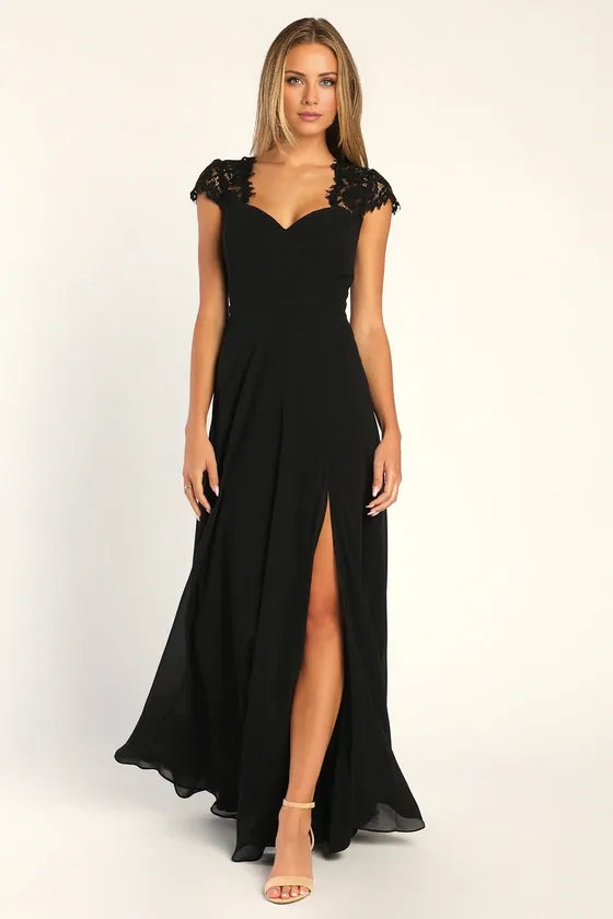 Black Dress Elegant Backless Maxi Dress Evening Dress A-line Cap Sleeve Sweetheart Neck Slit Prom Dress