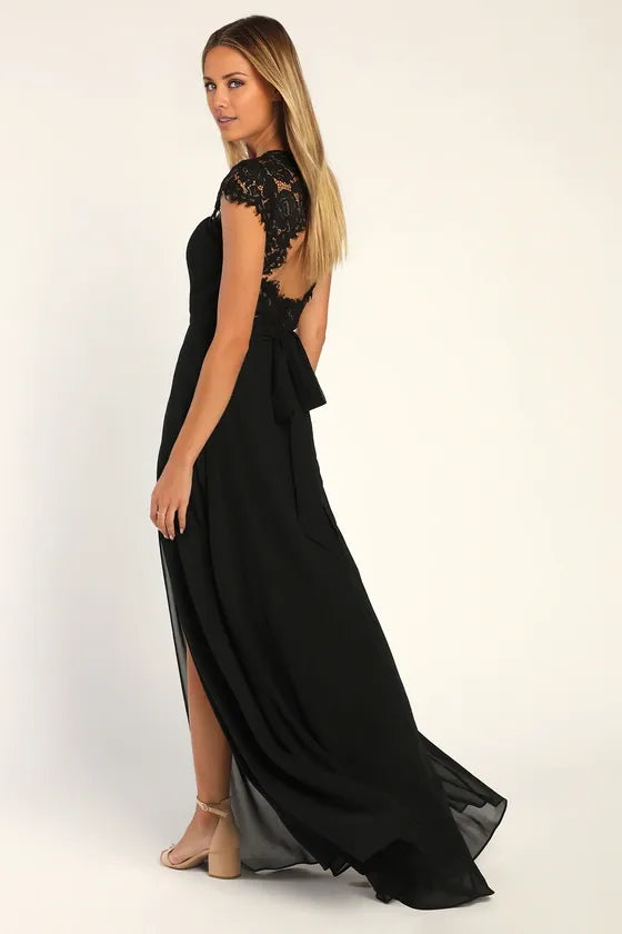 Black Dress Elegant Backless Maxi Dress Evening Dress A-line Cap Sleeve Sweetheart Neck Slit Prom Dress