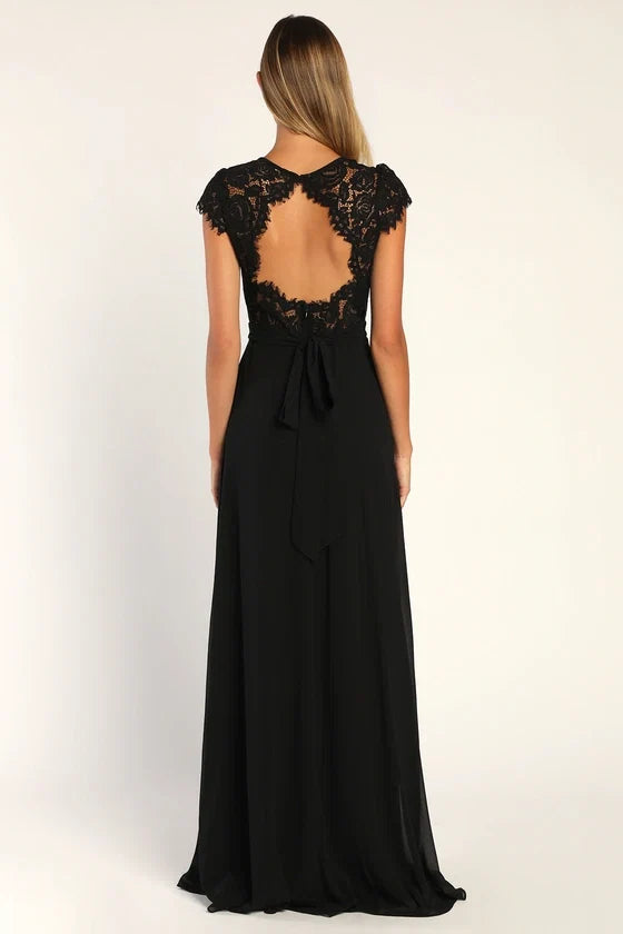 Black Dress Elegant Backless Maxi Dress Evening Dress A-line Cap Sleeve Sweetheart Neck Slit Prom Dress