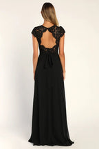 Black Dress Elegant Backless Maxi Dress Evening Dress A-line Cap Sleeve Sweetheart Neck Slit Prom Dress