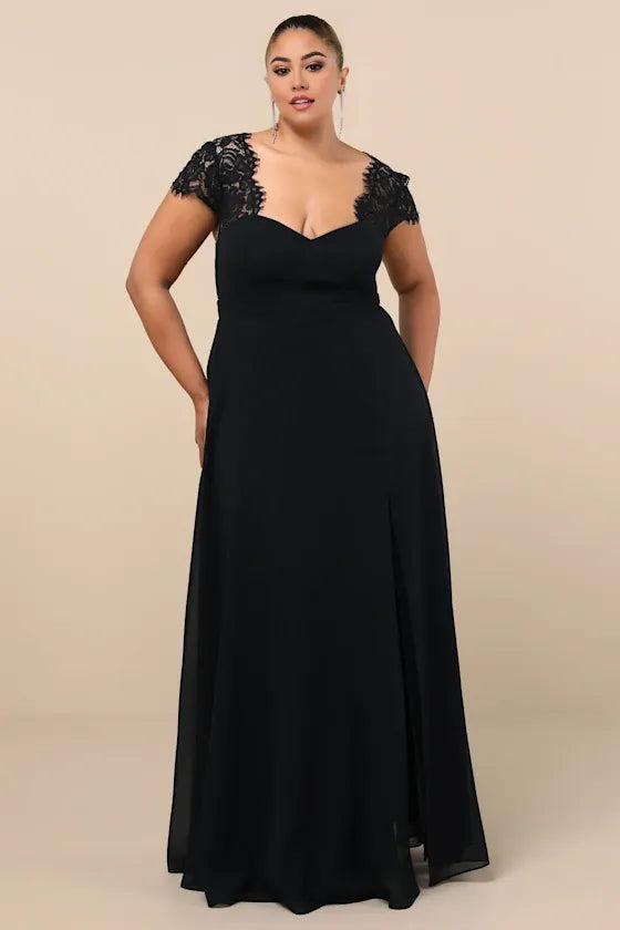Black Dress Elegant Backless Maxi Dress Evening Dress A-line Cap Sleeve Sweetheart Neck Slit Prom Dress
