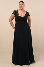 Black Dress Elegant Backless Maxi Dress Evening Dress A-line Cap Sleeve Sweetheart Neck Slit Prom Dress