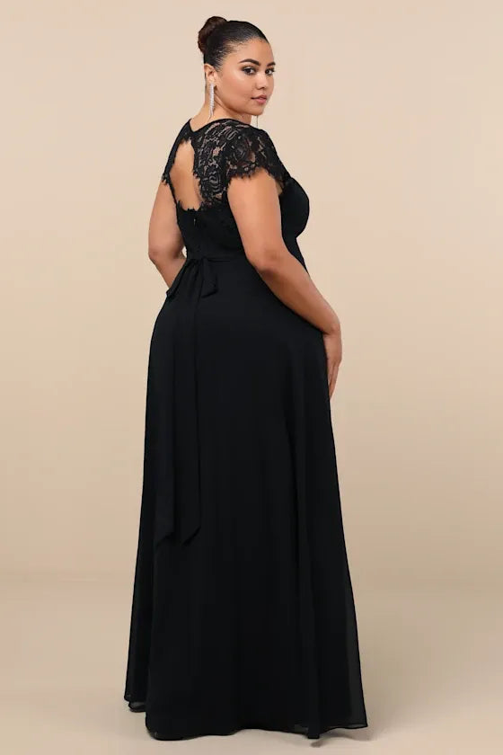 Black Dress Elegant Backless Maxi Dress Evening Dress A-line Cap Sleeve Sweetheart Neck Slit Prom Dress