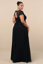 Black Dress Elegant Backless Maxi Dress Evening Dress A-line Cap Sleeve Sweetheart Neck Slit Prom Dress