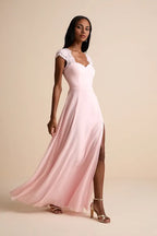 Black Dress Elegant Backless Maxi Dress Evening Dress A-line Cap Sleeve Sweetheart Neck Slit Prom Dress
