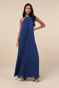 Blue Dress Elegant Pleated Maxi Dress Evening Dress A-line Slit Sleeveless Solid Color Prom Dress