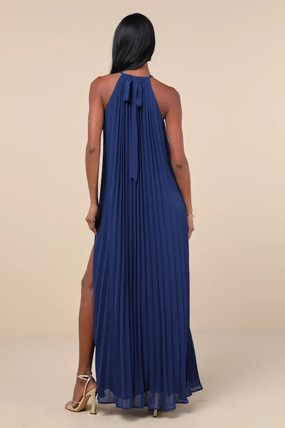 Blue Dress Elegant Pleated Maxi Dress Evening Dress A-line Slit Sleeveless Solid Color Prom Dress