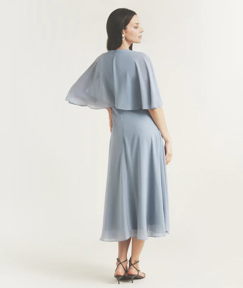 Dress Elegant Cape Overlay Tea-Length Mother of the Bride Dress A-Line Solid Color Prom Dress