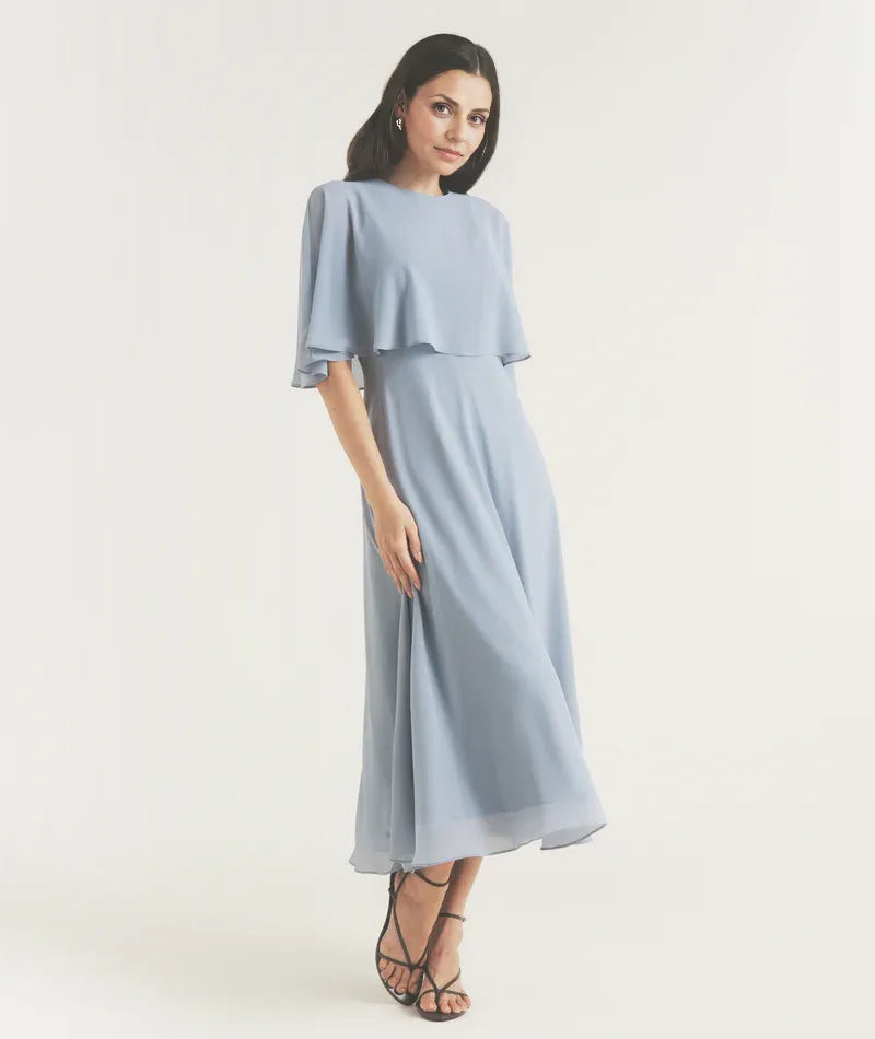 Dress Elegant Cape Overlay Tea-Length Mother of the Bride Dress A-Line Solid Color Prom Dress